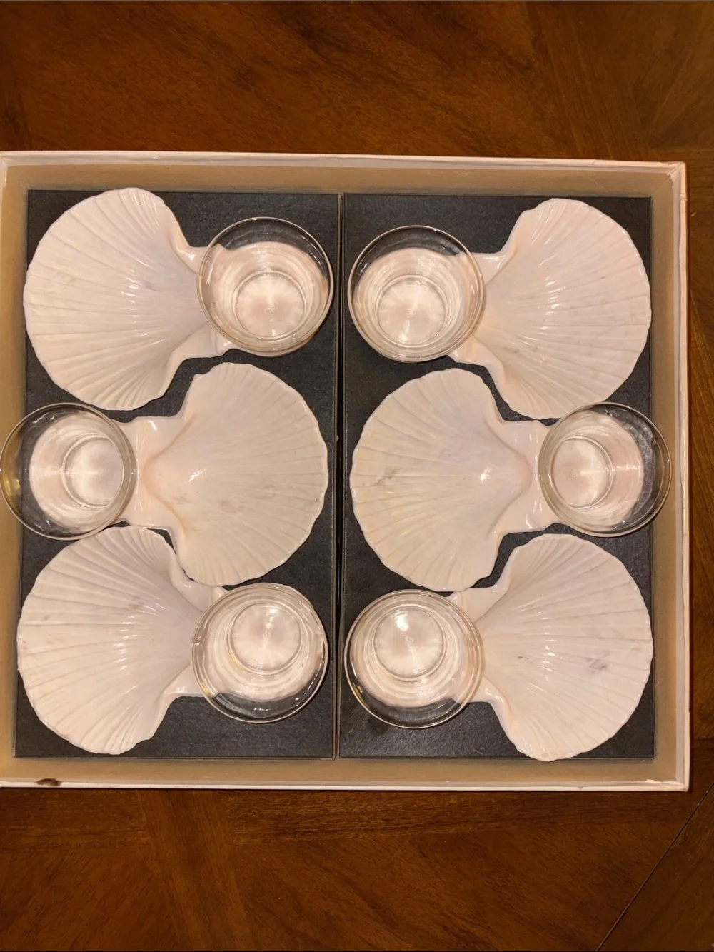Vintage MCM KAROFF Sea-Servers Set of-6 Cocktail Pale Pink Shell Seafood Shrimp